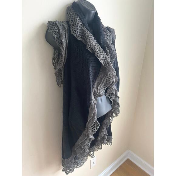 Artsy Ruffle Knit Vest Waterfall Drape Mesh Trim Boho Layered Teacher Style M - Picture 2 of 5